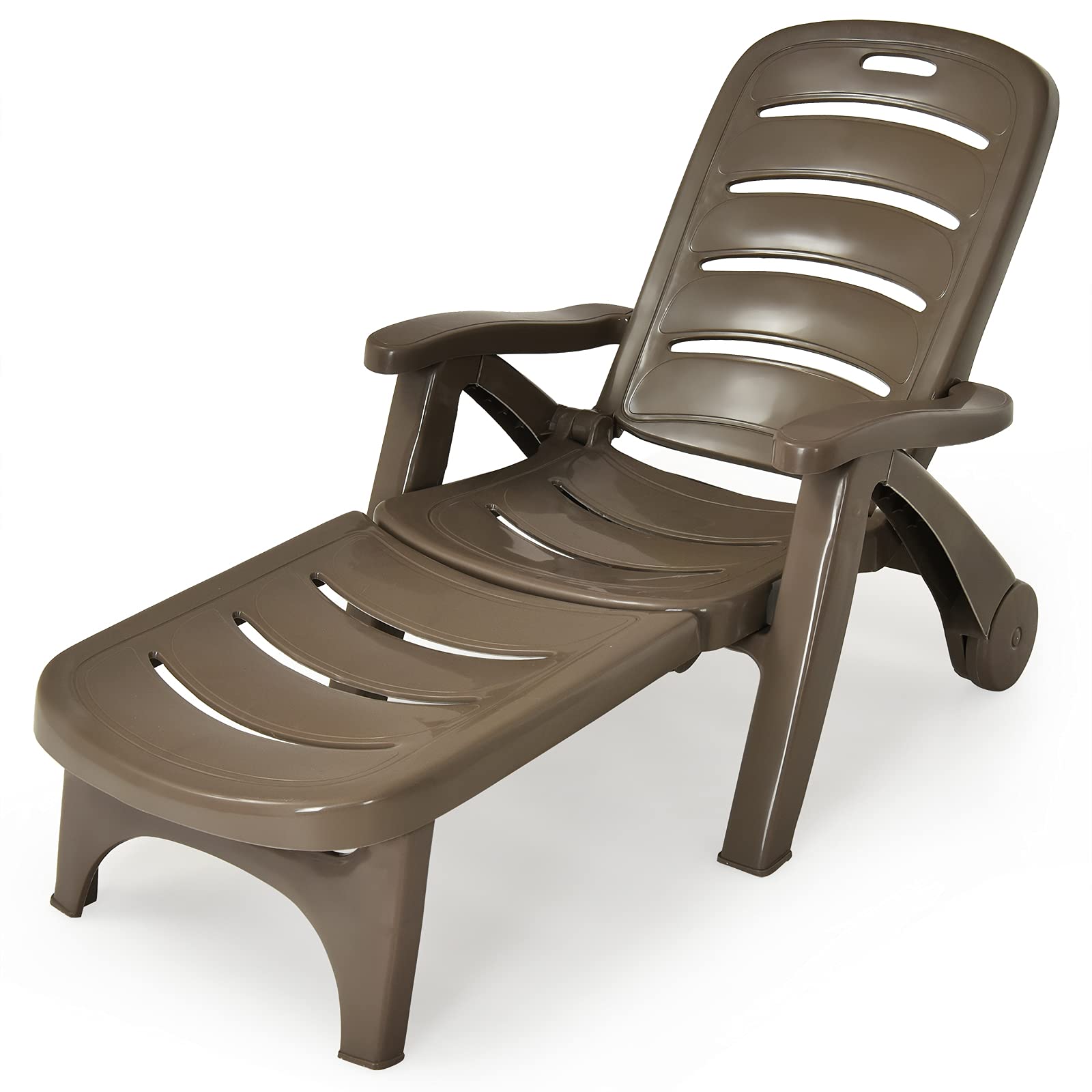 Chaise longue d'extérieur, fauteuil inclinable réglable à 5 positions avec roues intégrées